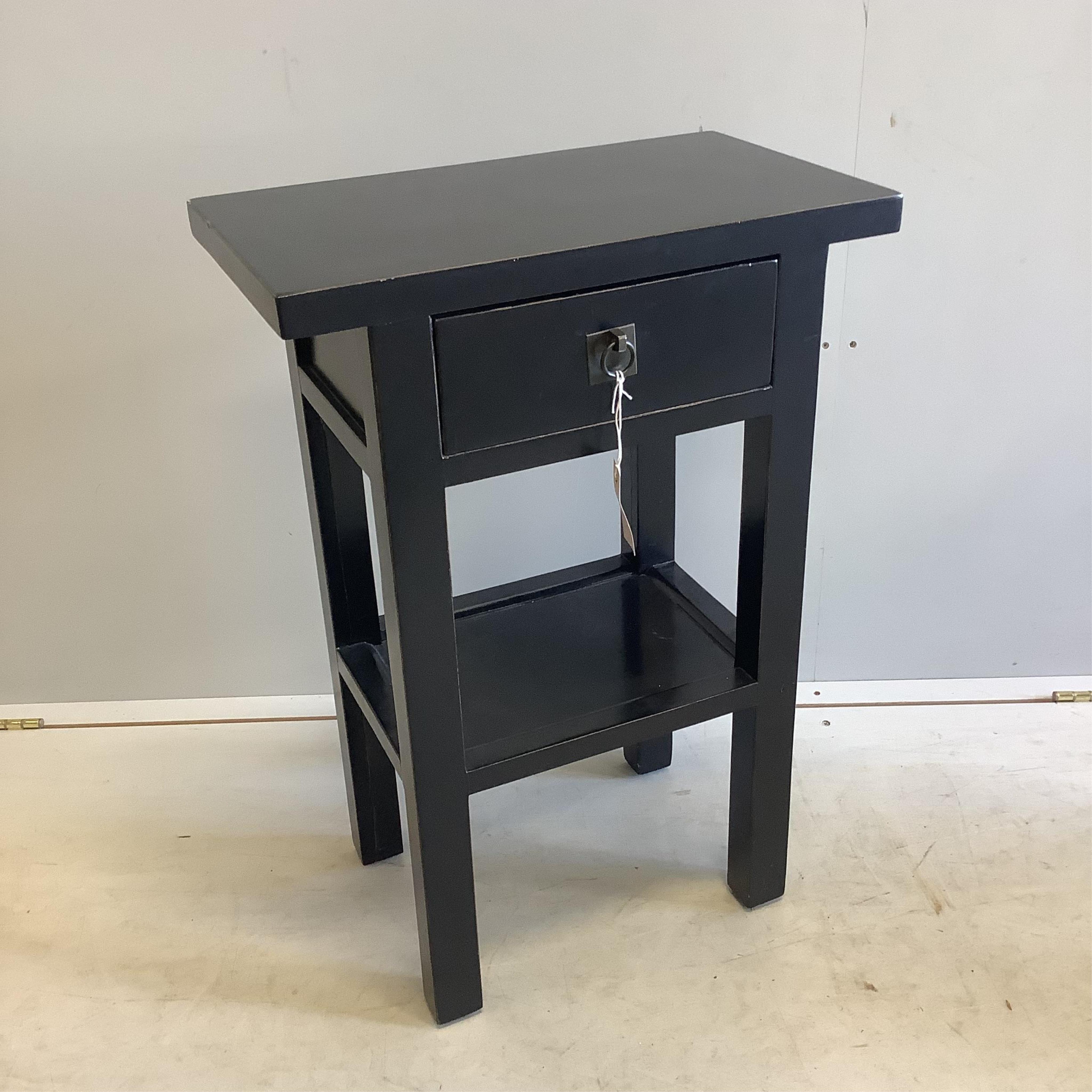A pair of James Martin Chinese style lacquered two tier bedside tables, width 49cm, depth 28cm, height 71cm. Condition - good